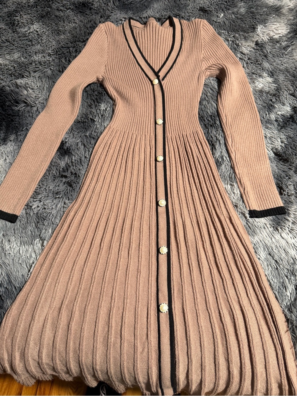 Ribbed Knit Button-Front Midi Dress in Dusty Rose